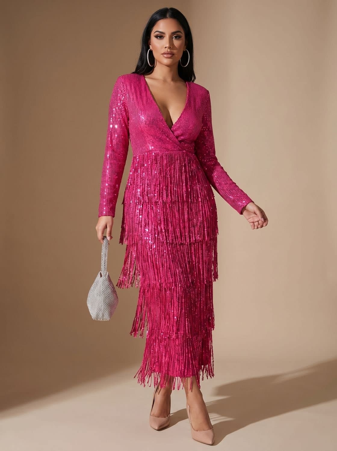 Alicia Long Sleeve Sequin V-Neck Party Mini Dress