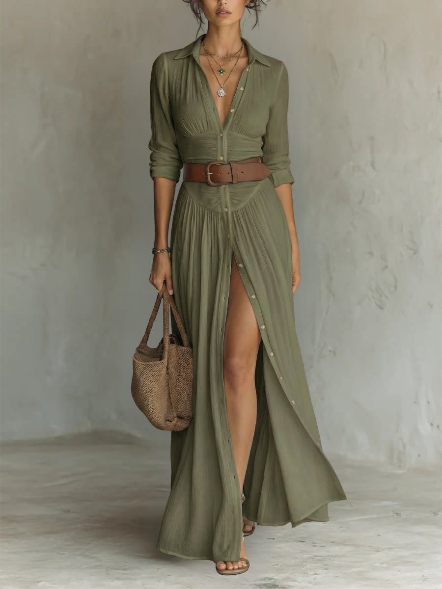 Sylvia Belted Button Down Maxi Shirt Dress