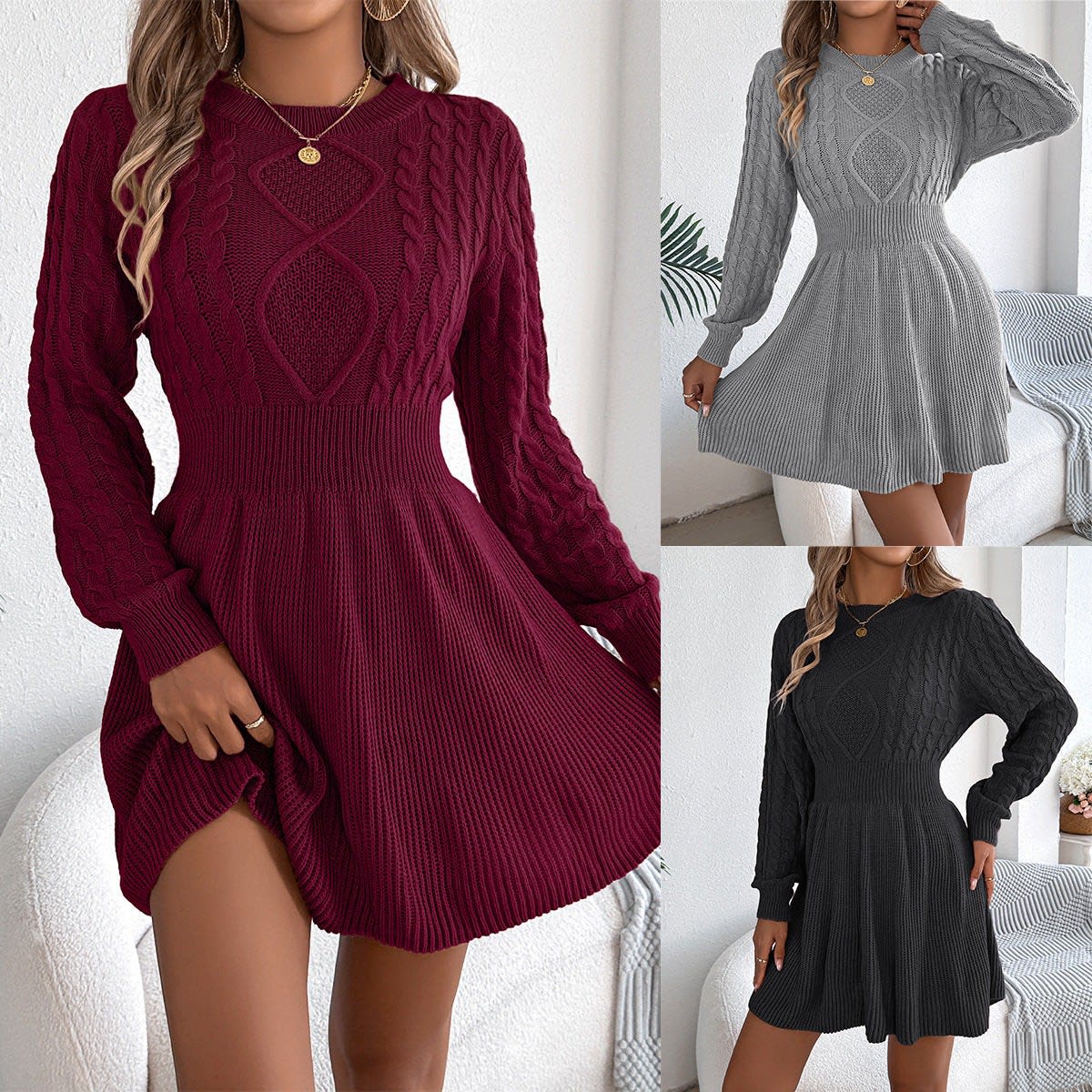 Kathleen Cable Knit A-Line Sweater Dress_7