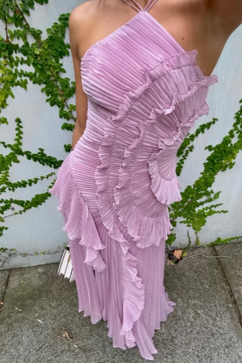 Camryn Wedding Guest Halterneck Pleated Ruffle Maxi Dress