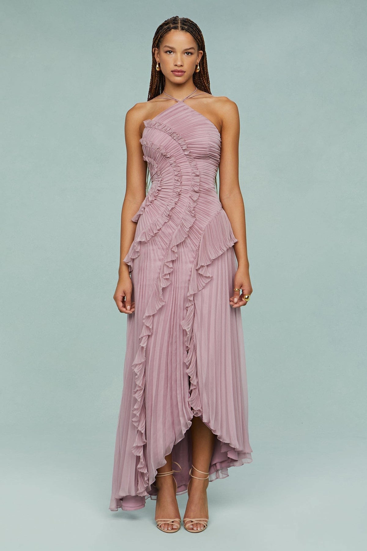 Camryn Wedding Guest Halterneck Pleated Ruffle Maxi Dress