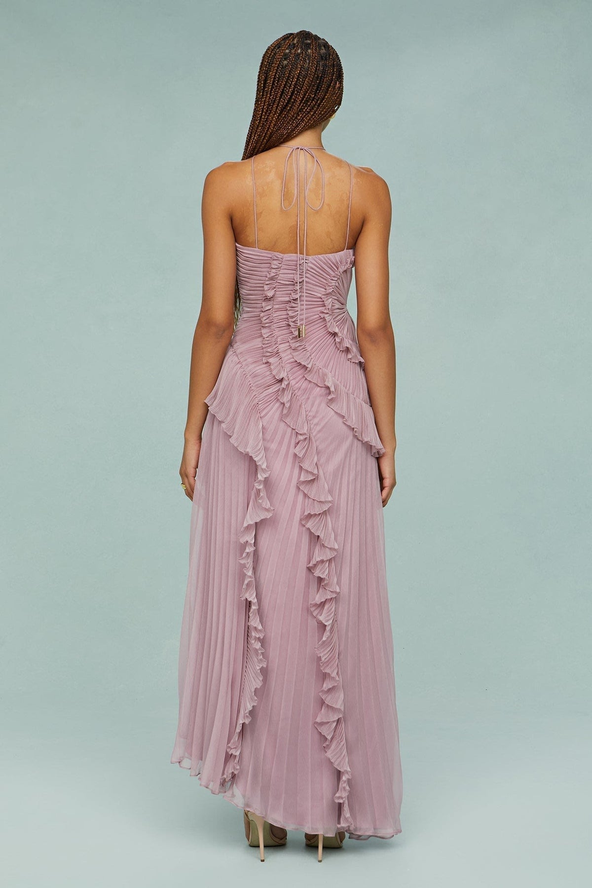 Camryn Wedding Guest Halterneck Pleated Ruffle Maxi Dress