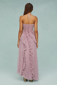 Camryn Wedding Guest Halterneck Pleated Ruffle Maxi Dress