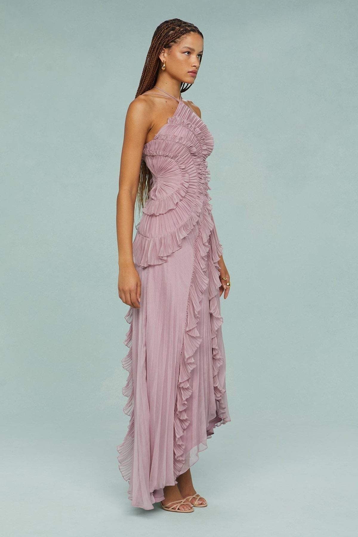 Camryn Wedding Guest Halterneck Pleated Ruffle Maxi Dress_5