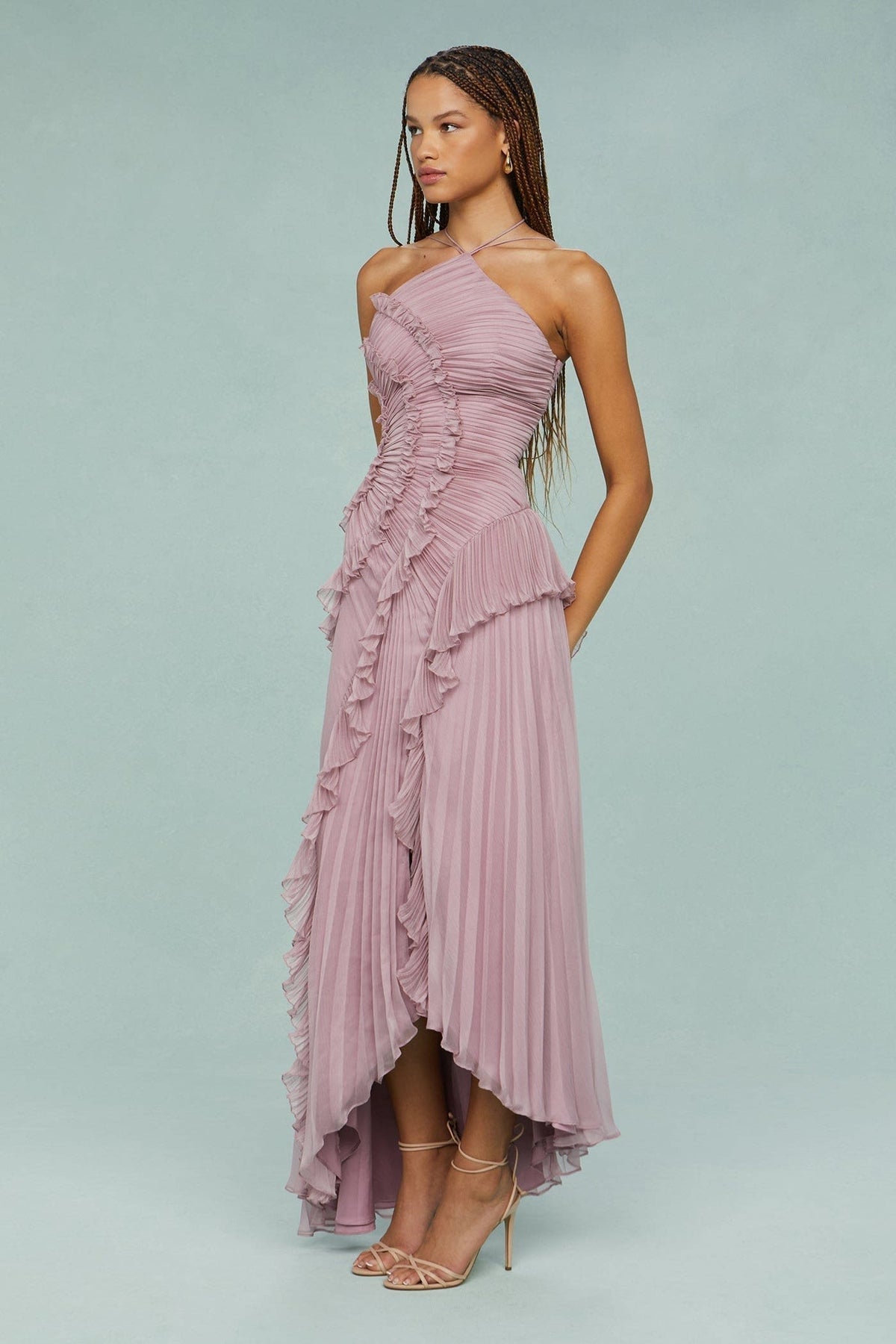 Camryn Wedding Guest Halterneck Pleated Ruffle Maxi Dress