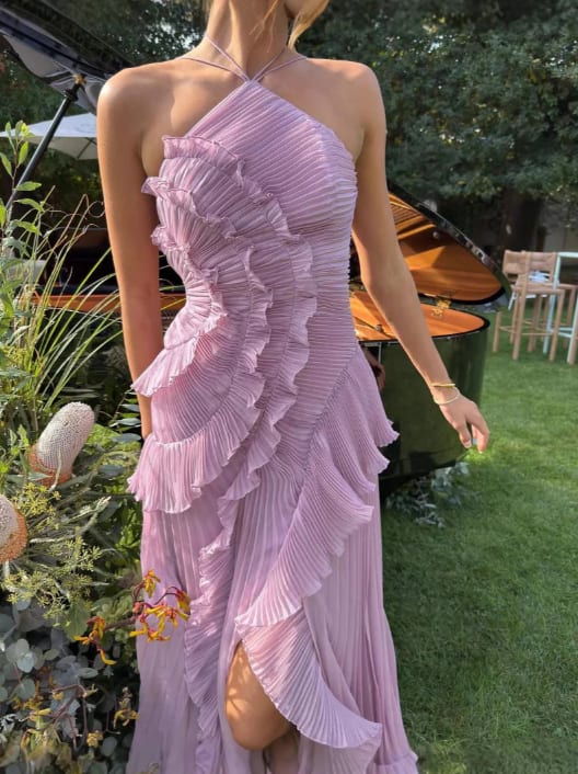 Camryn Wedding Guest Halterneck Pleated Ruffle Maxi Dress