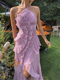 Camryn Wedding Guest Halterneck Pleated Ruffle Maxi Dress