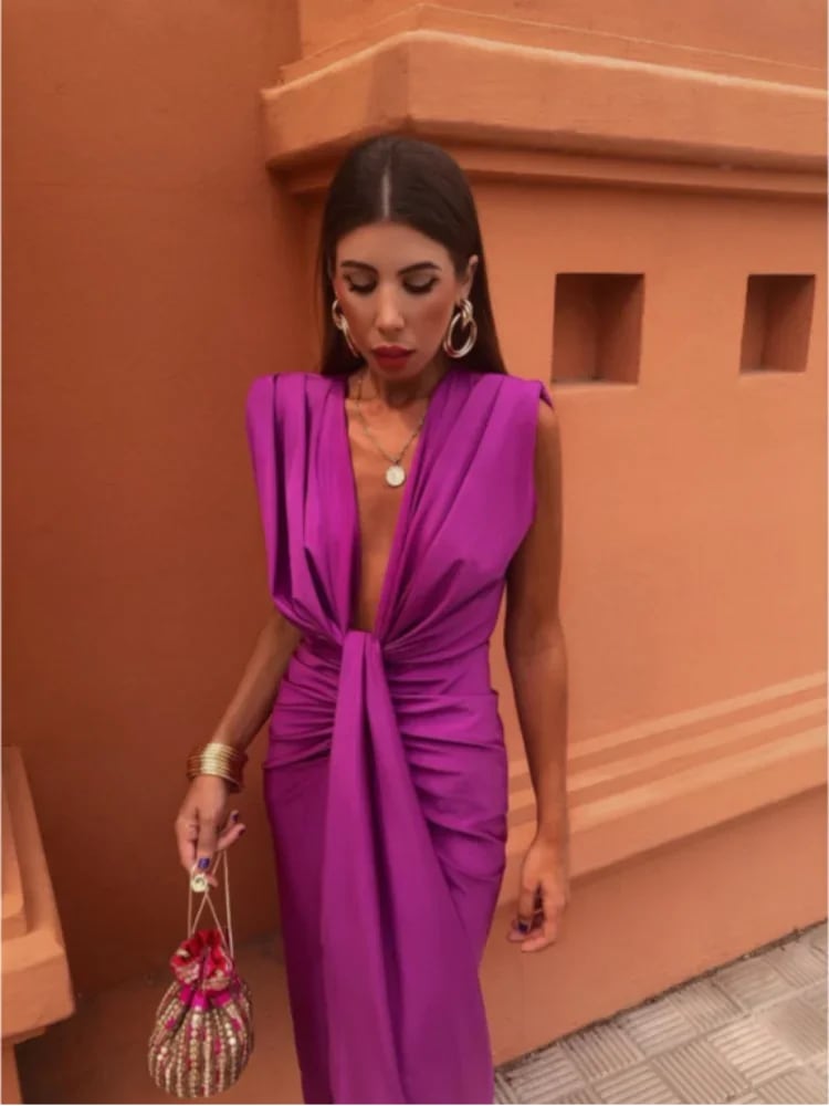 Carmela Ruched Plunge Maxi Wedding Guest Dress_5