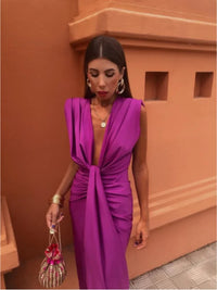 Carmela Ruched Plunge Maxi Wedding Guest Dress