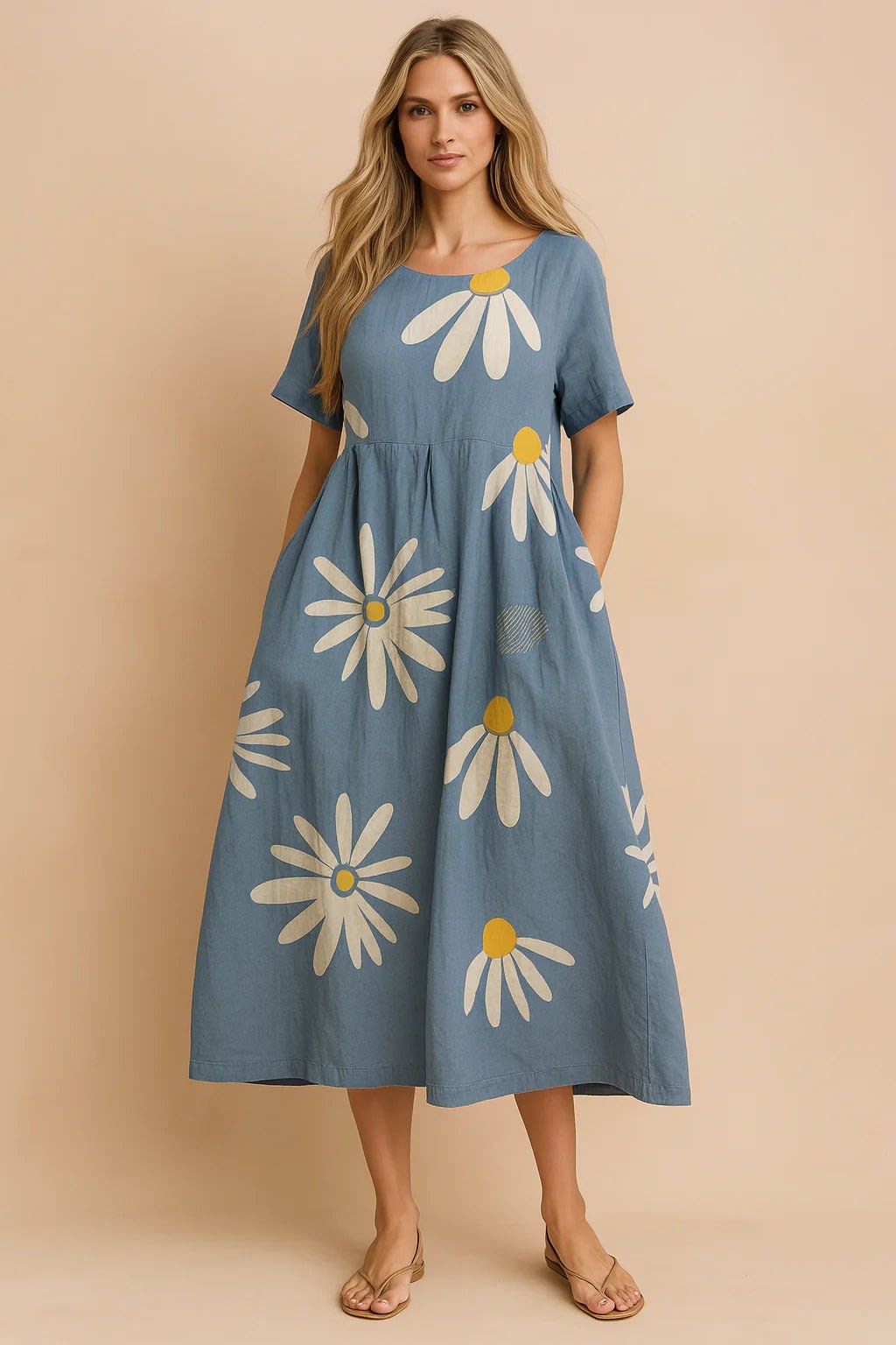 Marisol Floral Print Linen Blend Midi Dress