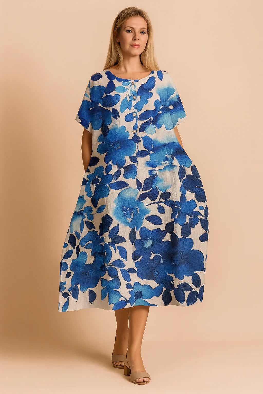 Marisol Floral Print Linen Blend Midi Dress