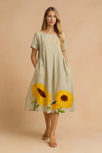 Marisol Floral Print Linen Blend Midi Dress