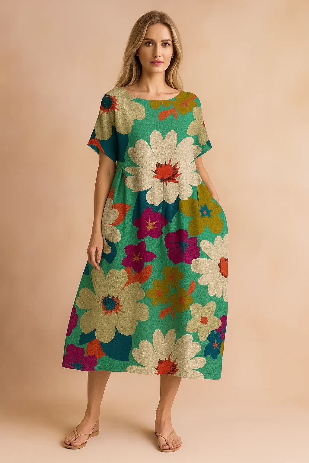 Marisol Floral Print Linen Blend Midi Dress