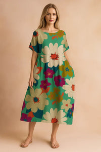 Marisol Floral Print Linen Blend Midi Dress