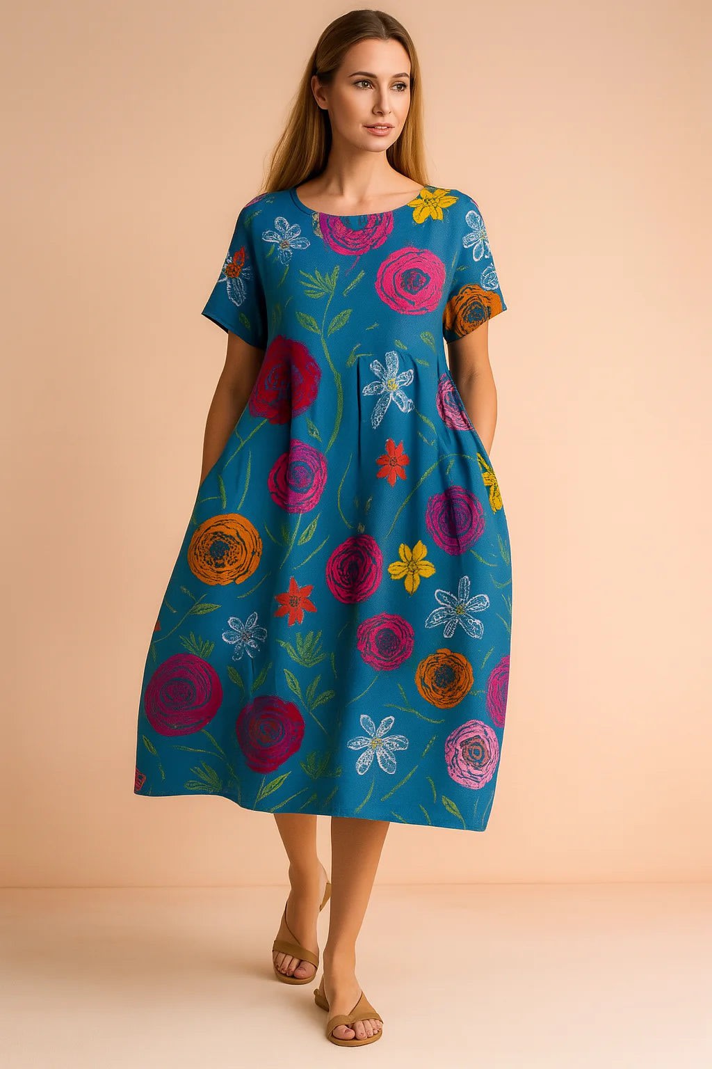 Marisol Floral Print Linen Blend Midi Dress