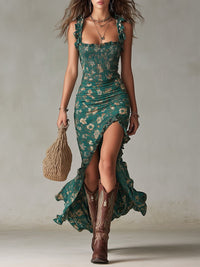 Gracie Floral Ruffle Strap Smocked Maxi Dress with High Slit