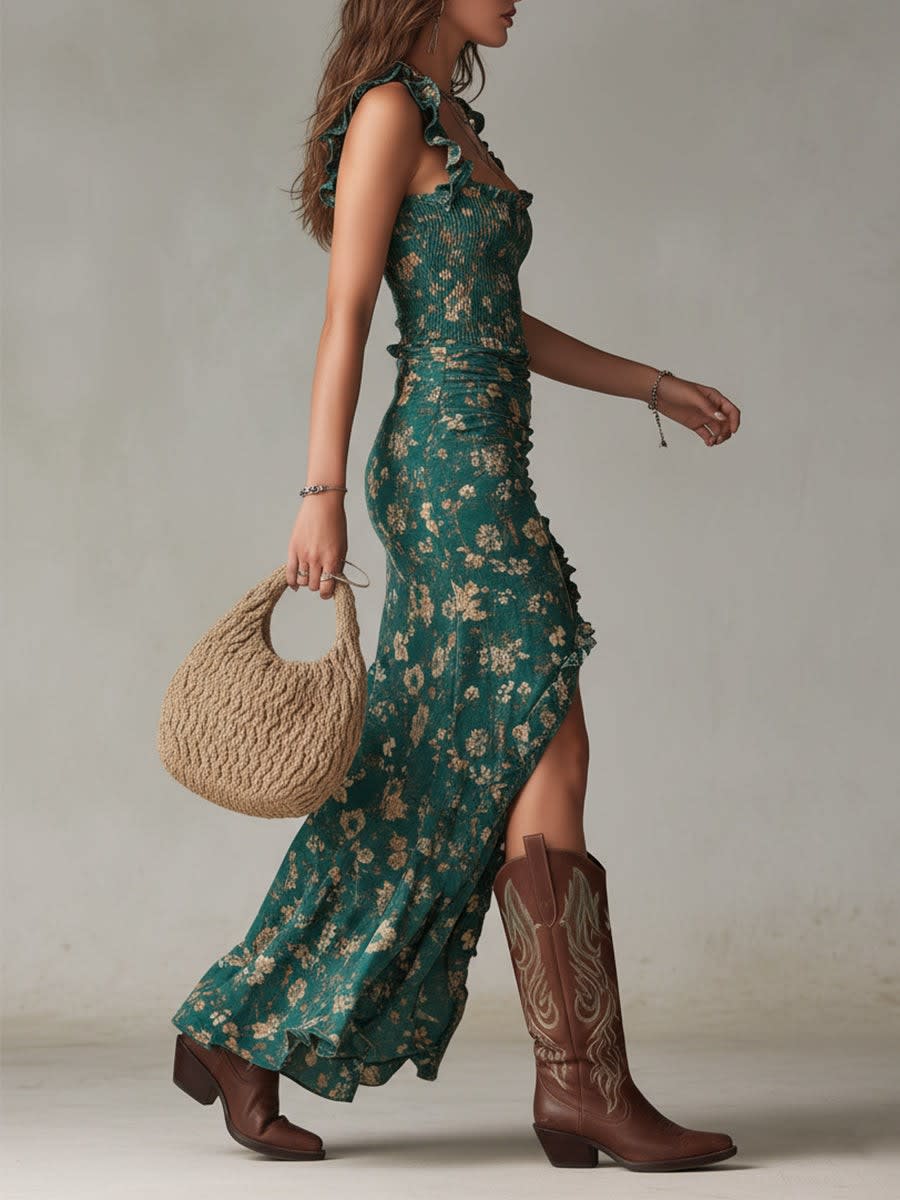 Gracie Floral Ruffle Strap Smocked Maxi Dress with High Slit