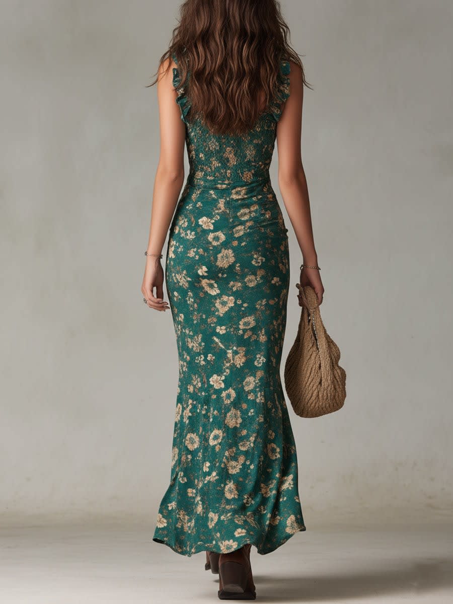 Gracie Floral Ruffle Strap Smocked Maxi Dress with High Slit_3