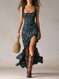 Gracie Floral Ruffle Strap Smocked Maxi Dress with High Slit