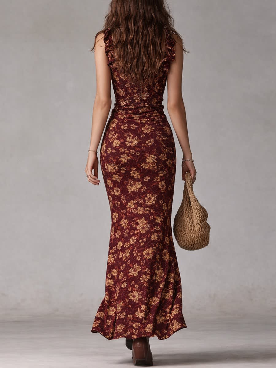 Gracie Floral Ruffle Strap Smocked Maxi Dress with High Slit