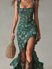 Gracie Floral Ruffle Strap Smocked Maxi Dress with High Slit