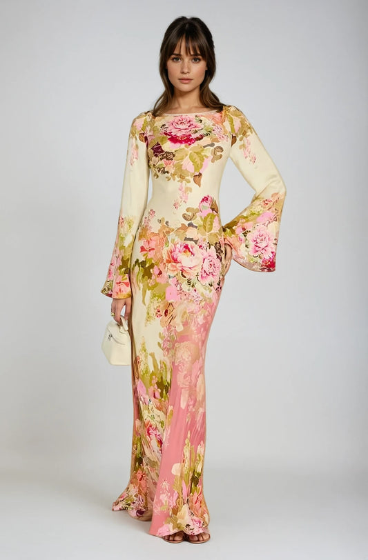 Kenna Floral Bell Sleeve Evening Maxi Dress_1
