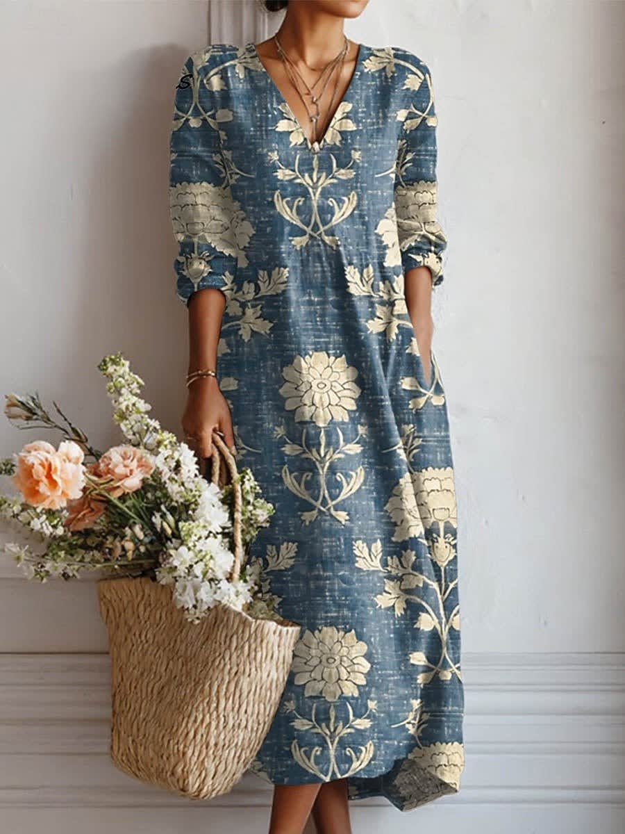 Teagan Floral V-Neck Long Sleeve Midi Dress