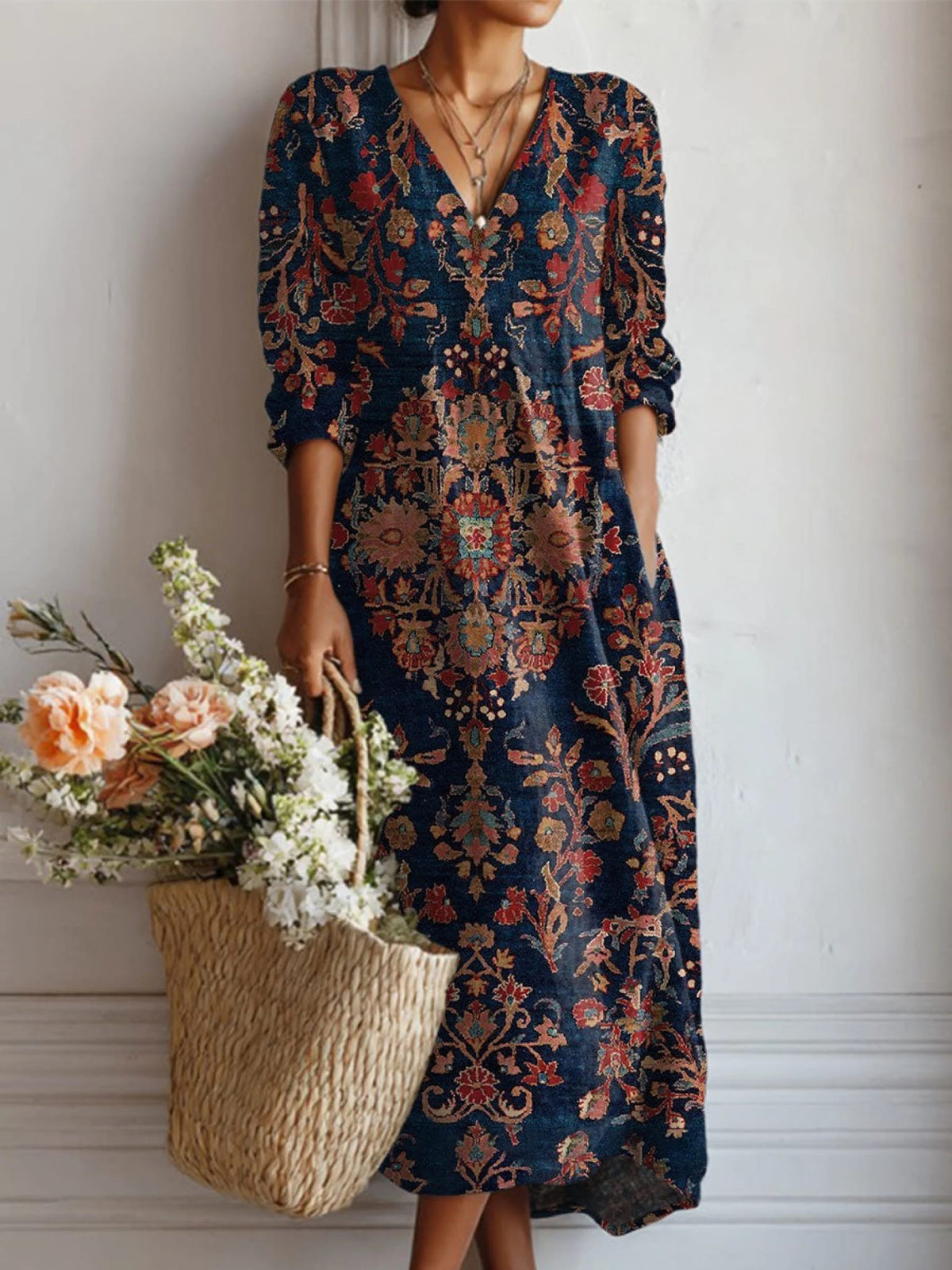 Teagan Floral V-Neck Long Sleeve Midi Dress_4