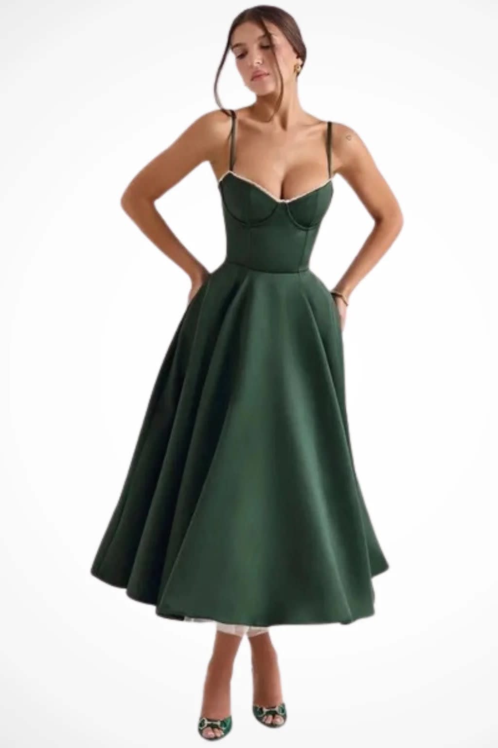 Sabine Corset Wedding Guest Midi Dress with Cami Straps