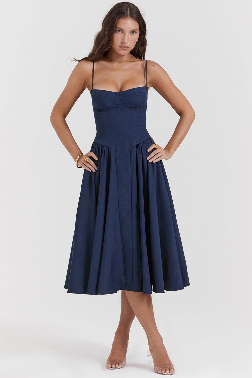 Imani Wedding Guest Corset A-Line Midi Dress with Pockets