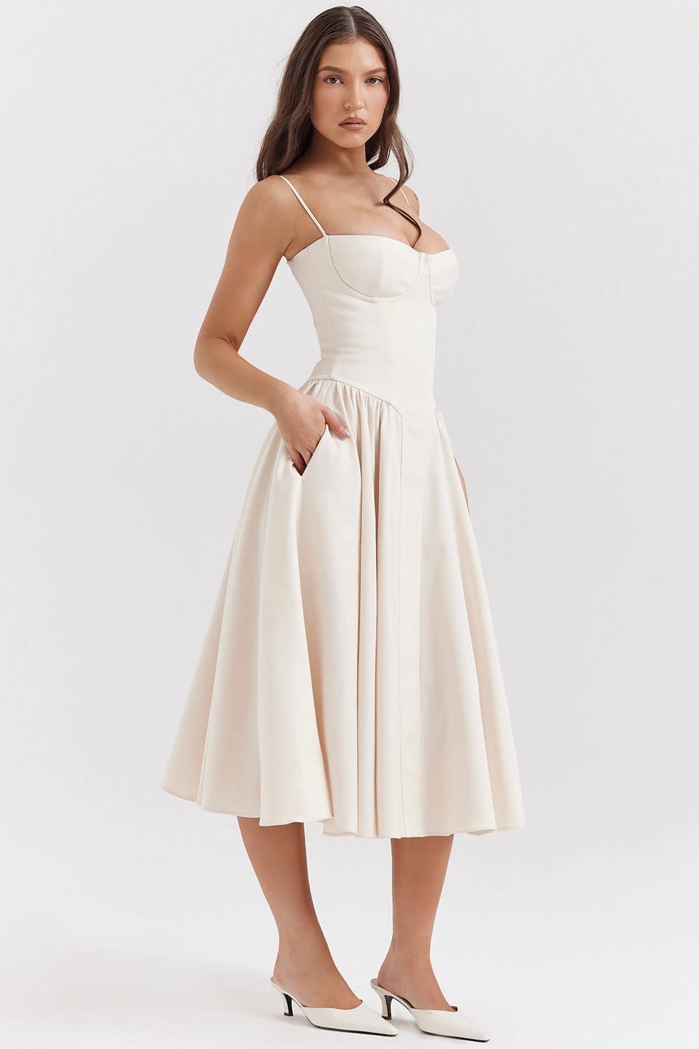 Imani Wedding Guest Corset A-Line Midi Dress with Pockets