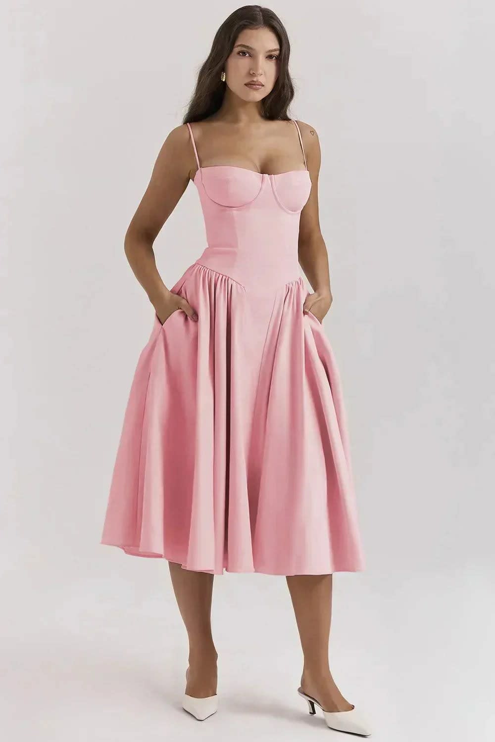 Imani Wedding Guest Corset A-Line Midi Dress with Pockets