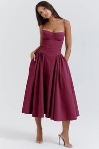 Imani Wedding Guest Corset A-Line Midi Dress with Pockets