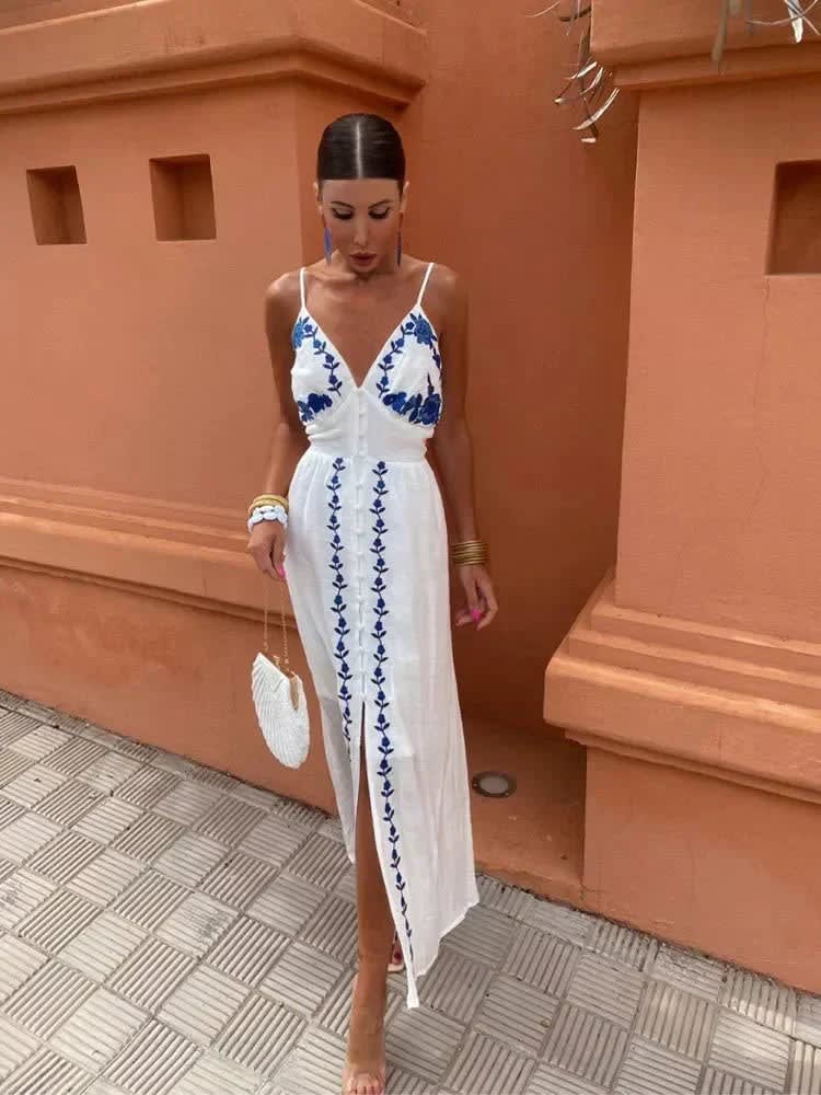 Celia Wedding Guest Embroidered V-Neck Maxi Dress