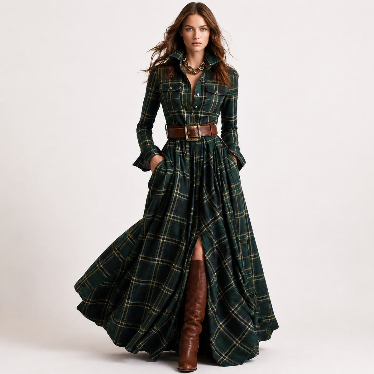 Jane Tartan Belted Maxi Shirt Dress