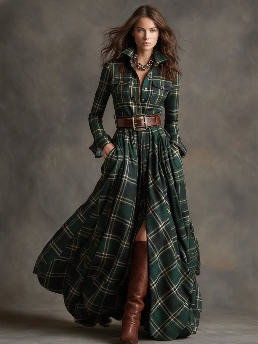 Jane Tartan Belted Maxi Shirt Dress