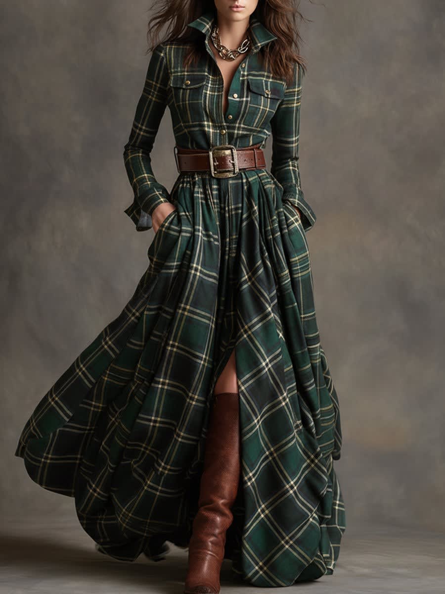 Jane Tartan Belted Maxi Shirt Dress