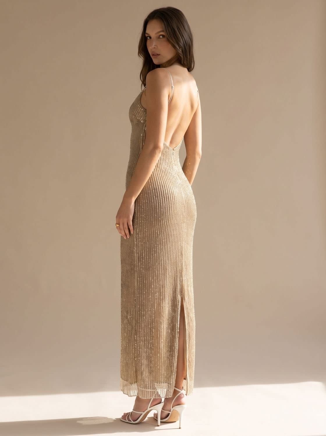 Kira Gold Glitter Backless Christmas Party Maxi Dress