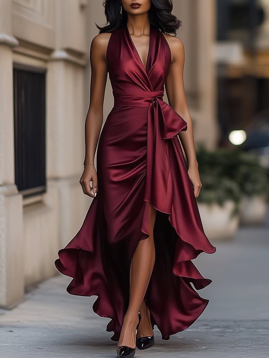 Lacey Halter Wrap Maxi Dress with High Slit