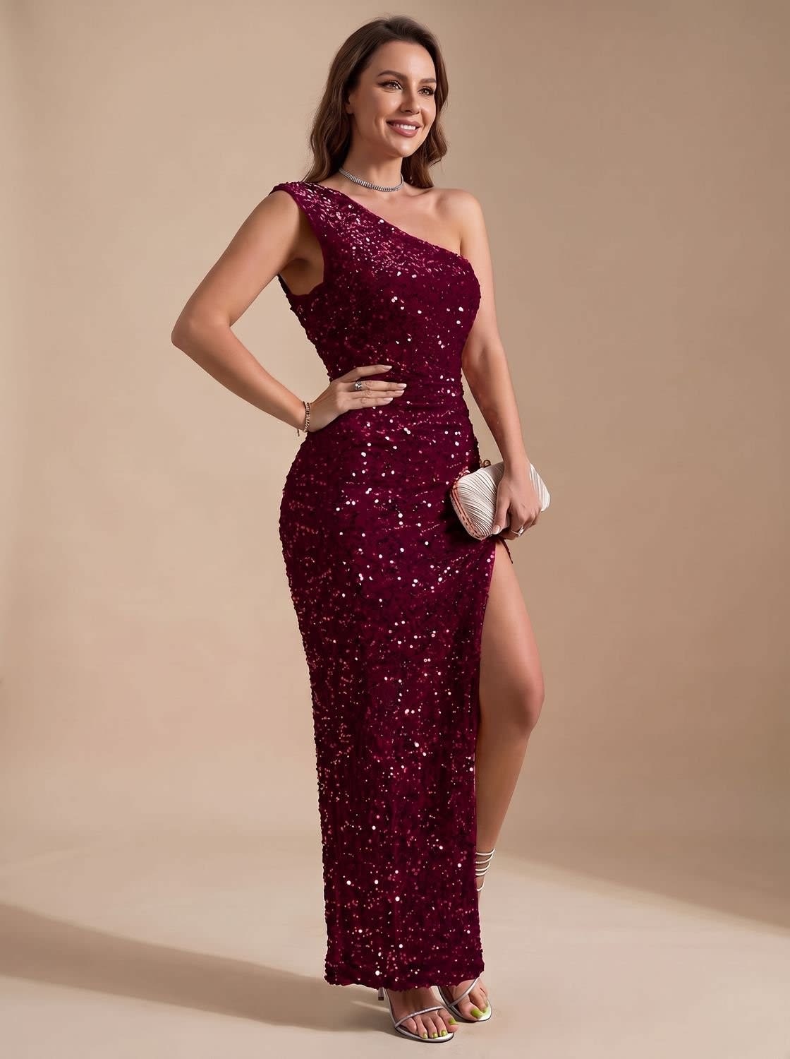 Ottilie Sequin One Shoulder Christmas Party Maxi Dress