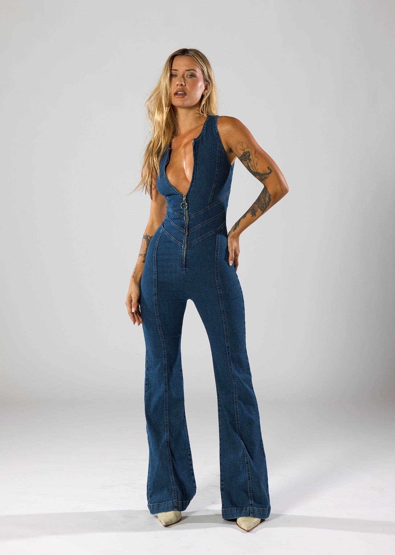 Imani Plunge Neck Denim Jumpsuit