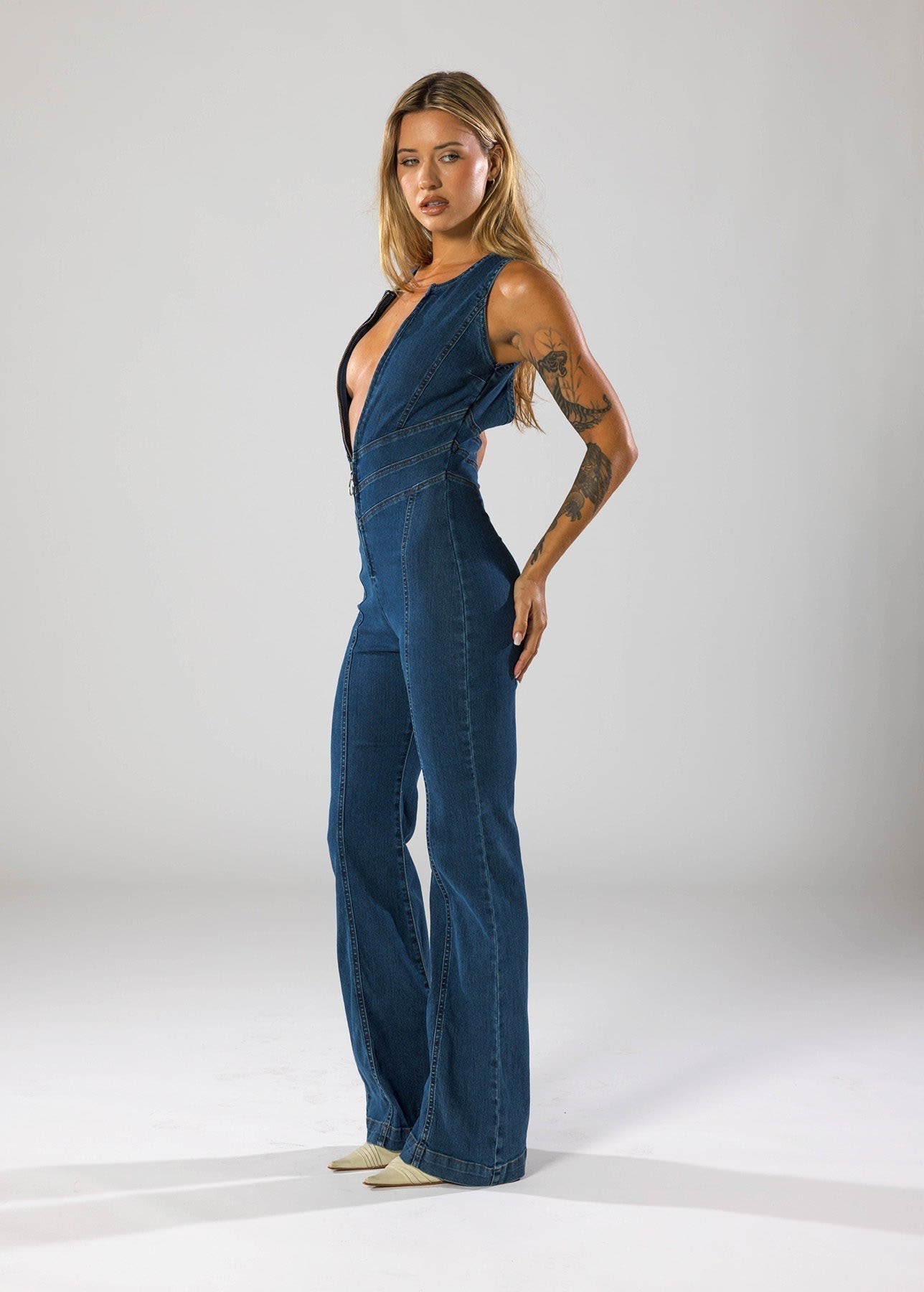 Imani Plunge Neck Denim Jumpsuit