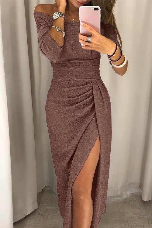 Ffion Off-Shoulder Shimmer Midi Wrap Dress with Slit_1