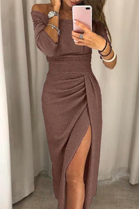 Ffion Off-Shoulder Shimmer Midi Wrap Dress with Slit