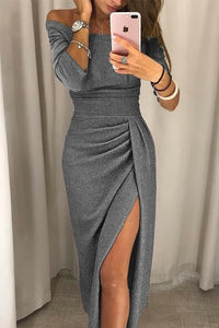 Ffion Off-Shoulder Shimmer Midi Wrap Dress with Slit