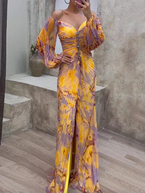 Della Wedding Guest Off-Shoulder Pleated Maxi Dress