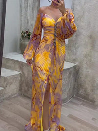Della Wedding Guest Off-Shoulder Pleated Maxi Dress