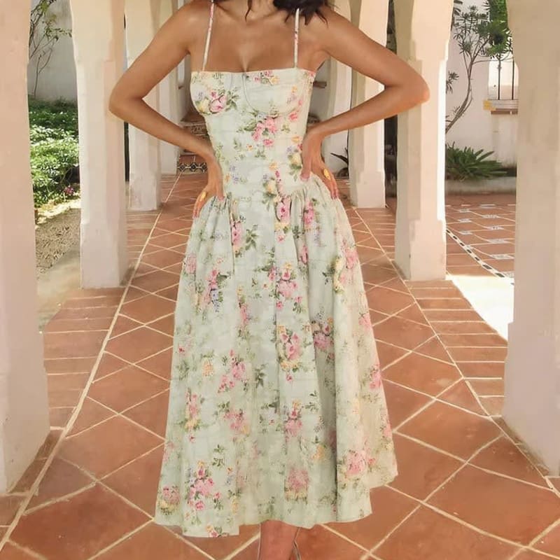 Emmeline Floral Print Wedding Guest Midi Dress with Fitted Bodice_1