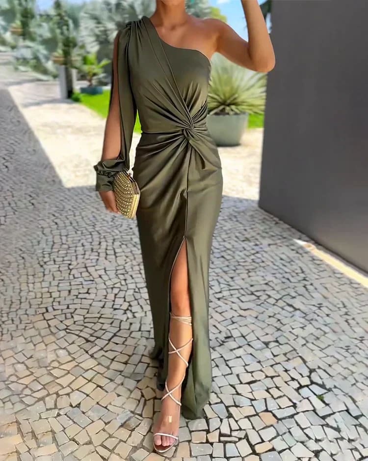 Yara Wedding Guest One-Shoulder Ruched Maxi Dress with Slit_1