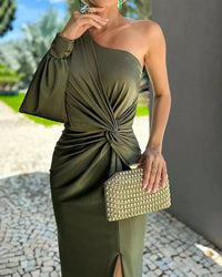 Elodie Yarborough One Shoulder Ruched Slit Wedding Guest Maxi Dress
